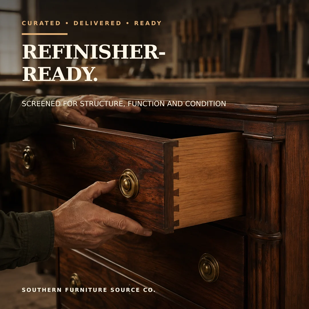 Close-up inspection of dovetail drawer construction on a vintage dresser